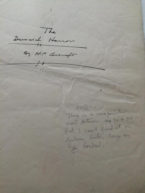 Dunwich Horror manuscript with a note about a typo